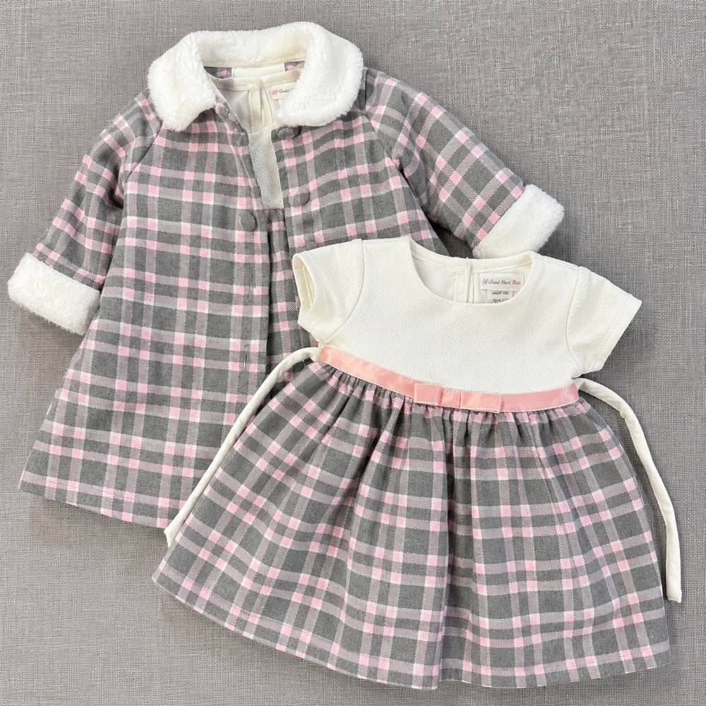 Sweet Heart Rose Baby Girl Plaid Dress and Coat Set 12M Pink Grey Faux Fur Trim